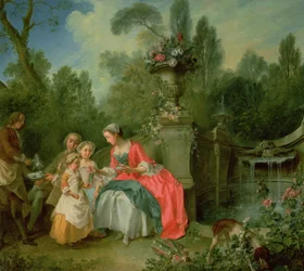Une dame et un gentleman dans le jardin avec deux enfants vers 1742